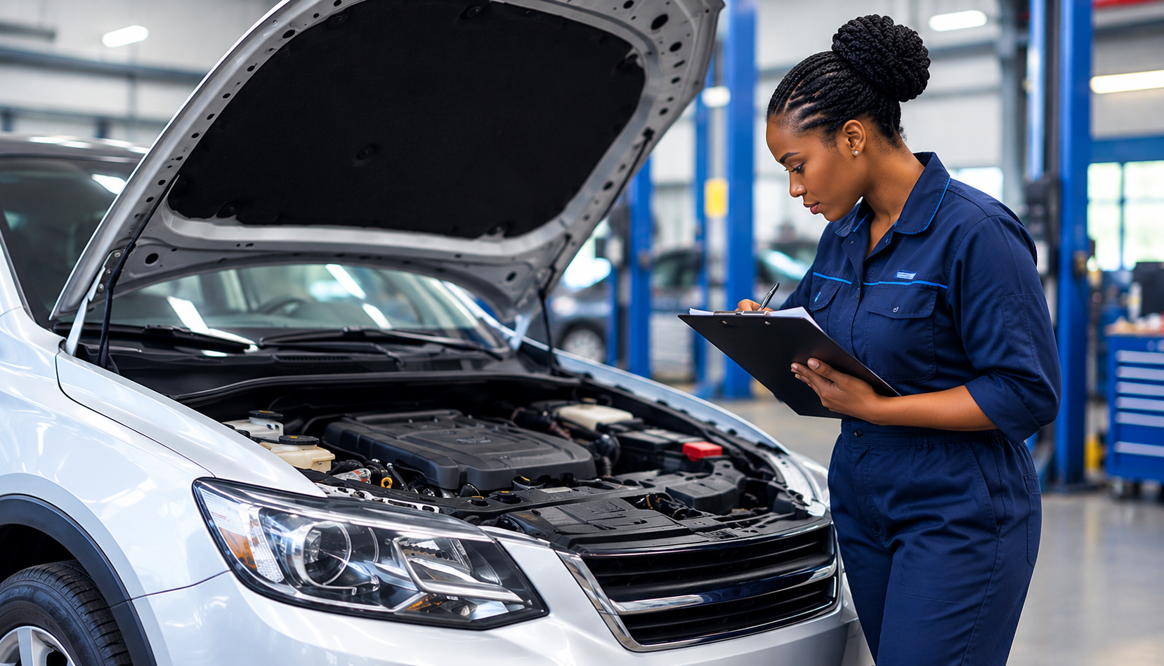 Technician conducting a pre-purchase vehicle inspection